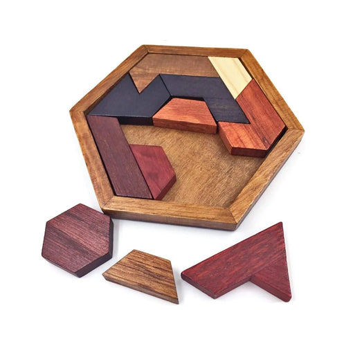 Hexagon Tangram Puzzle Wooden Brain Puzzles for Kids & Adult Challenge Wooden Brain Teasers Puzzle Games for Family Party Gift - Brain Games for Kids