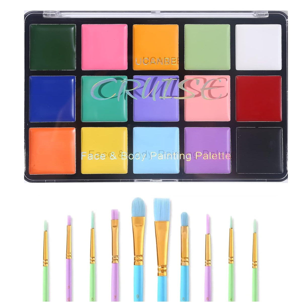 Macaron Face Body Paint Oil Palette + 10 Pcs Brushes Set, Professional 15 Colors Face Painting Makeup Kit for Halloween Cosplay SFX Parties Theater Stage Artist Costume Festival