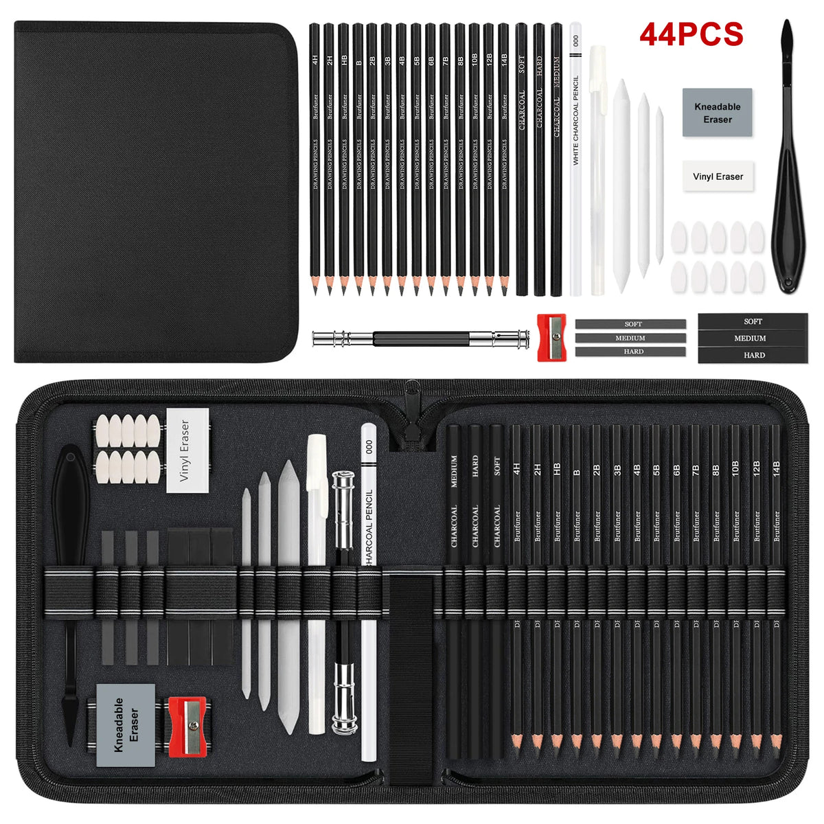 55 Drawing Kit Sketching Pencils Set,Portable Zippered Travel Case-Charcoal Pencils, Sketch Pencils, Charcoal Stick,Sharpener,Er