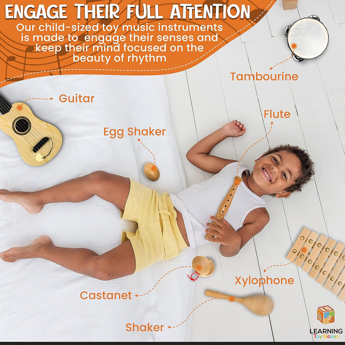 Wooden Musical Instruments for Toddlers, Premium 7-Piece Kids Musical Instruments Set with Guitar, Montessori Educational Music Toys, Natural Wood Preschool Learning Toys for Boys & Girls Ages 3+