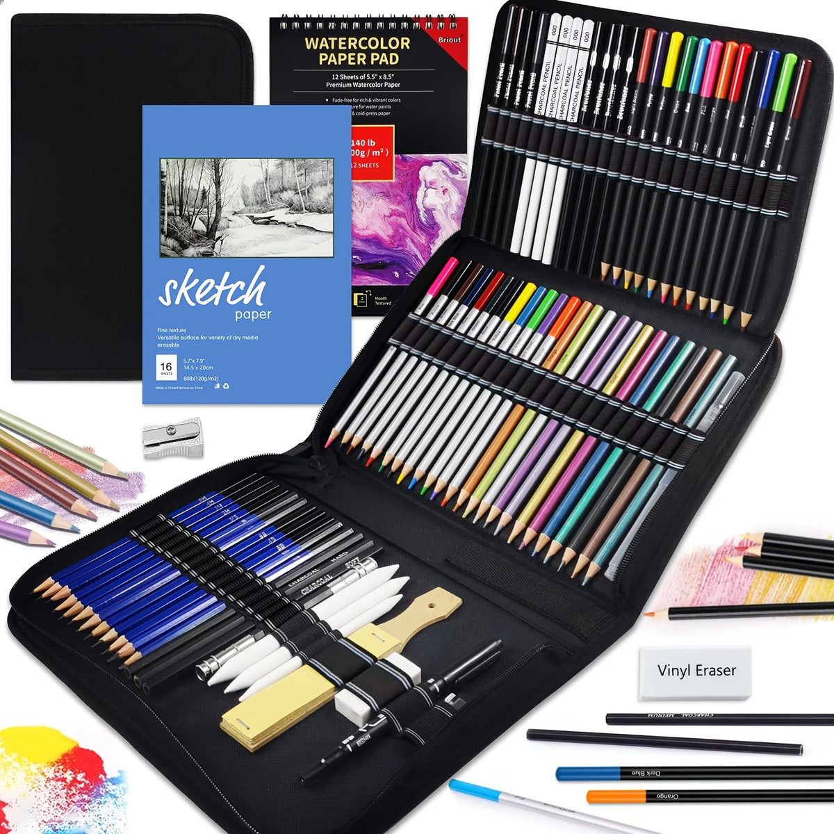 55 Drawing Kit Sketching Pencils Set,Portable Zippered Travel Case-Charcoal Pencils, Sketch Pencils, Charcoal Stick,Sharpener,Er