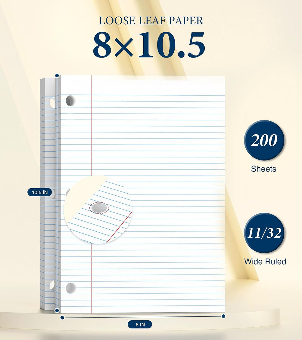 Loose Leaf Paper, 200 Sheets Notebook Paper, 8 X 10.5 College Ruled Paper, 3 Hole Punch Binder Paper, Lined Paper for 3 Ring Binders, College Ruled Paper, 8" X 10.5" Filler Paper