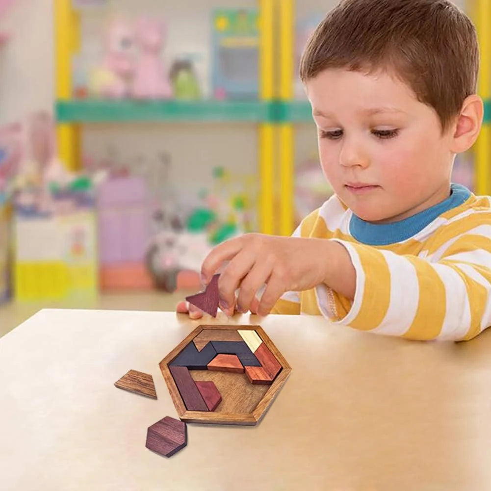 Hexagon Tangram Puzzle Wooden Brain Puzzles for Kids & Adult Challenge Wooden Brain Teasers Puzzle Games for Family Party Gift - Brain Games for Kids