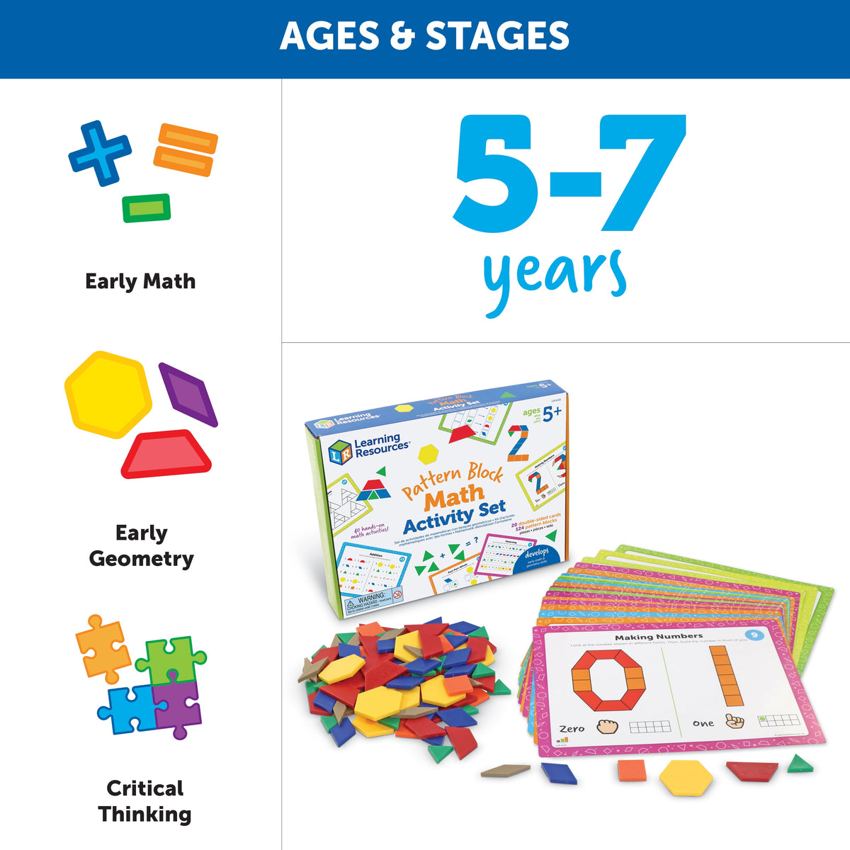 Educational Math Pattern Block Set for Kids Ages 5 and Up