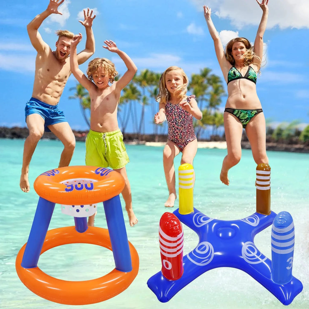 Pool Toys Games Set, Floating Basketball Hoop Inflatable Cross Ring Toss Game Toys for Kids Adults, Summer Party Swimming Pool Water Games