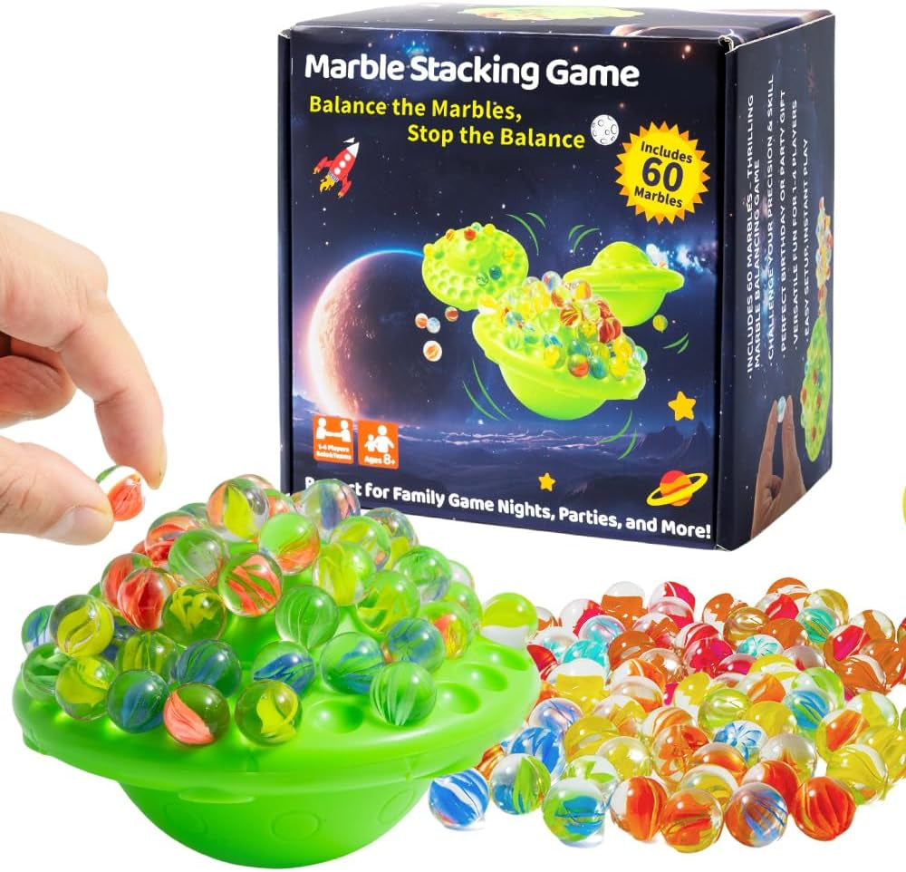 Marbles Balance Game for Kids,60 Colorful Marble Built-In Storage | Fun Family Party Games,Challenge Board Games for Kids & Adults,1-4 Players,Christmas Birthday Gifts Toys for Kids