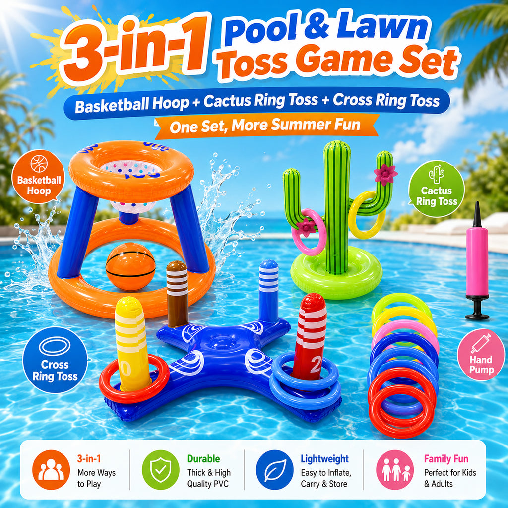 Pool Toys Games Set, Floating Basketball Hoop Inflatable Cross Ring Toss Game Toys for Kids Adults, Summer Party Swimming Pool Water Games
