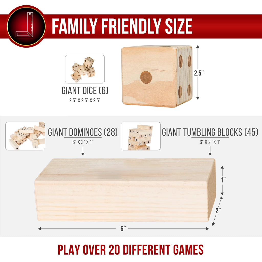 : Giant Games Outdoor Activity Set W/ 6 Jumbo Dice, 45 Tumbling Blocks & 28 Dominoes
