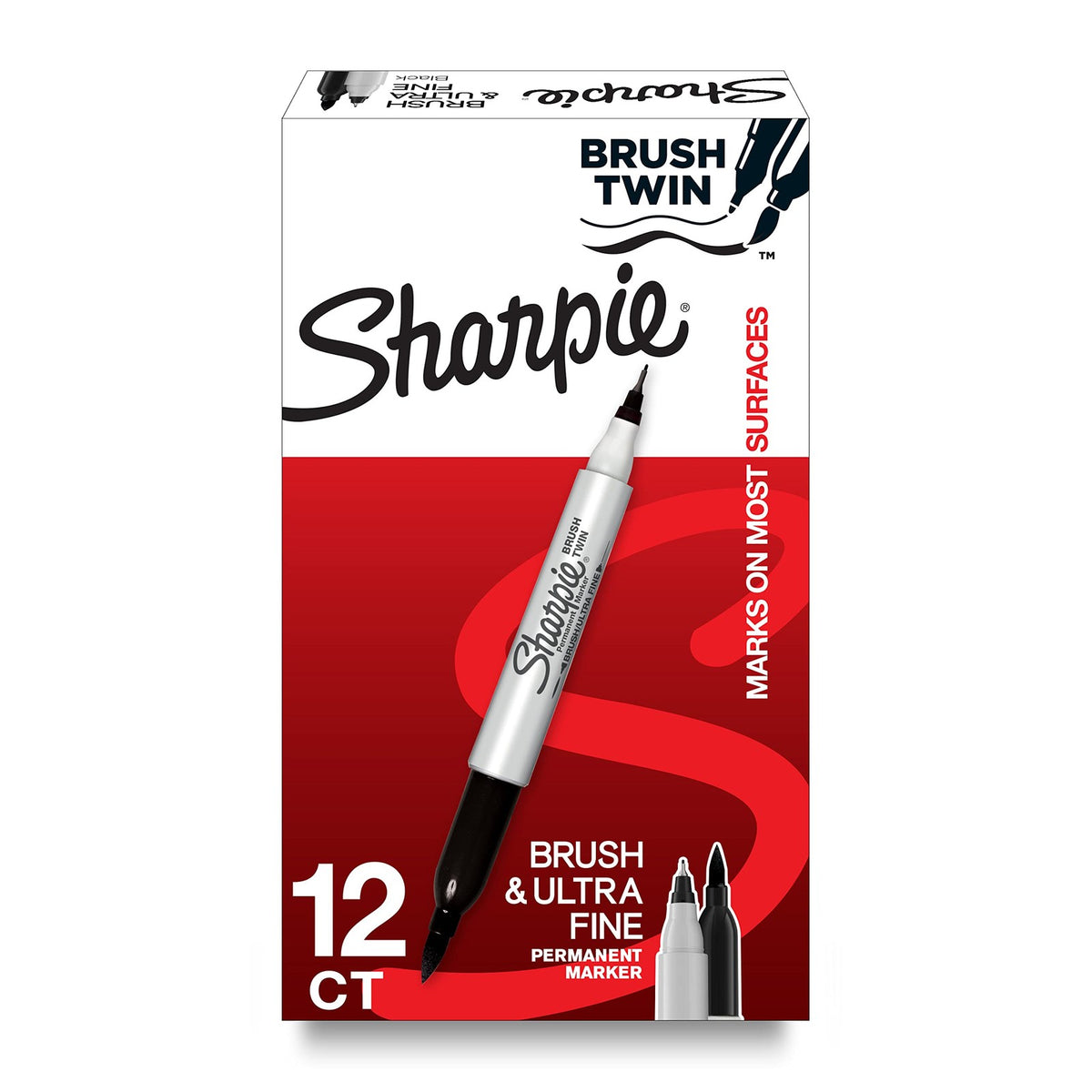 Sharpie Brush Twin Permanent Markers 12 Count Dual Ended Black Markers
