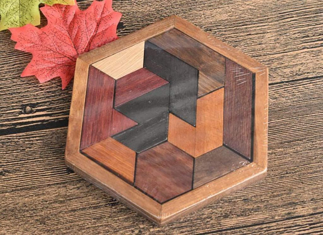 Hexagon Tangram Puzzle Wooden Brain Puzzles for Kids & Adult Challenge Wooden Brain Teasers Puzzle Games for Family Party Gift - Brain Games for Kids
