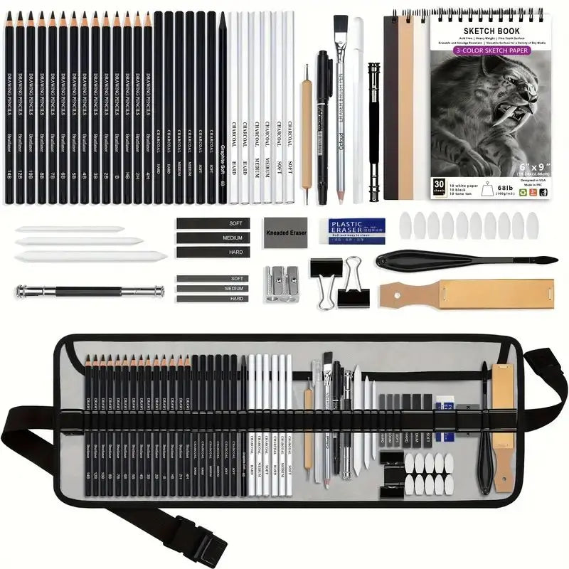 55 Drawing Kit Sketching Pencils Set,Portable Zippered Travel Case-Charcoal Pencils, Sketch Pencils, Charcoal Stick,Sharpener,Er