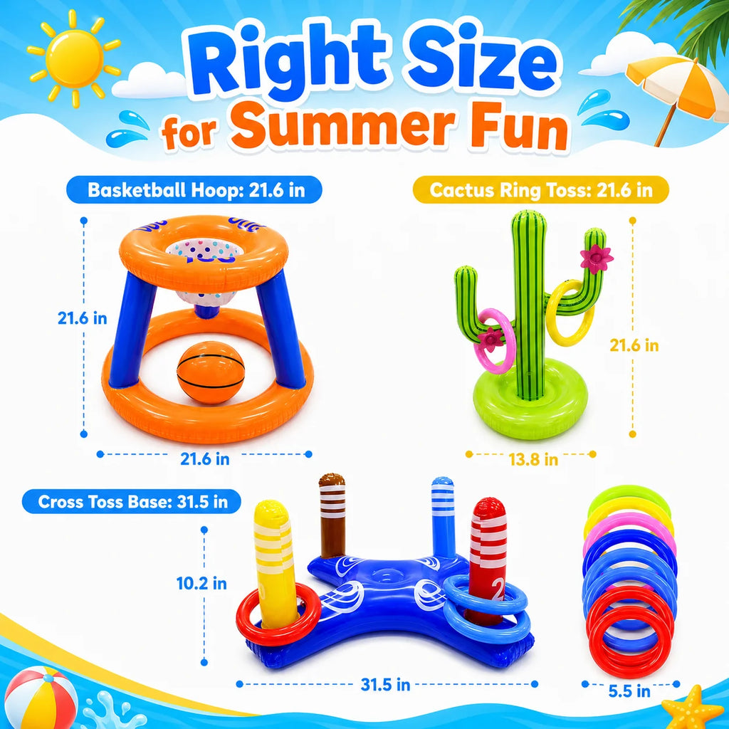 Pool Toys Games Set, Floating Basketball Hoop Inflatable Cross Ring Toss Game Toys for Kids Adults, Summer Party Swimming Pool Water Games
