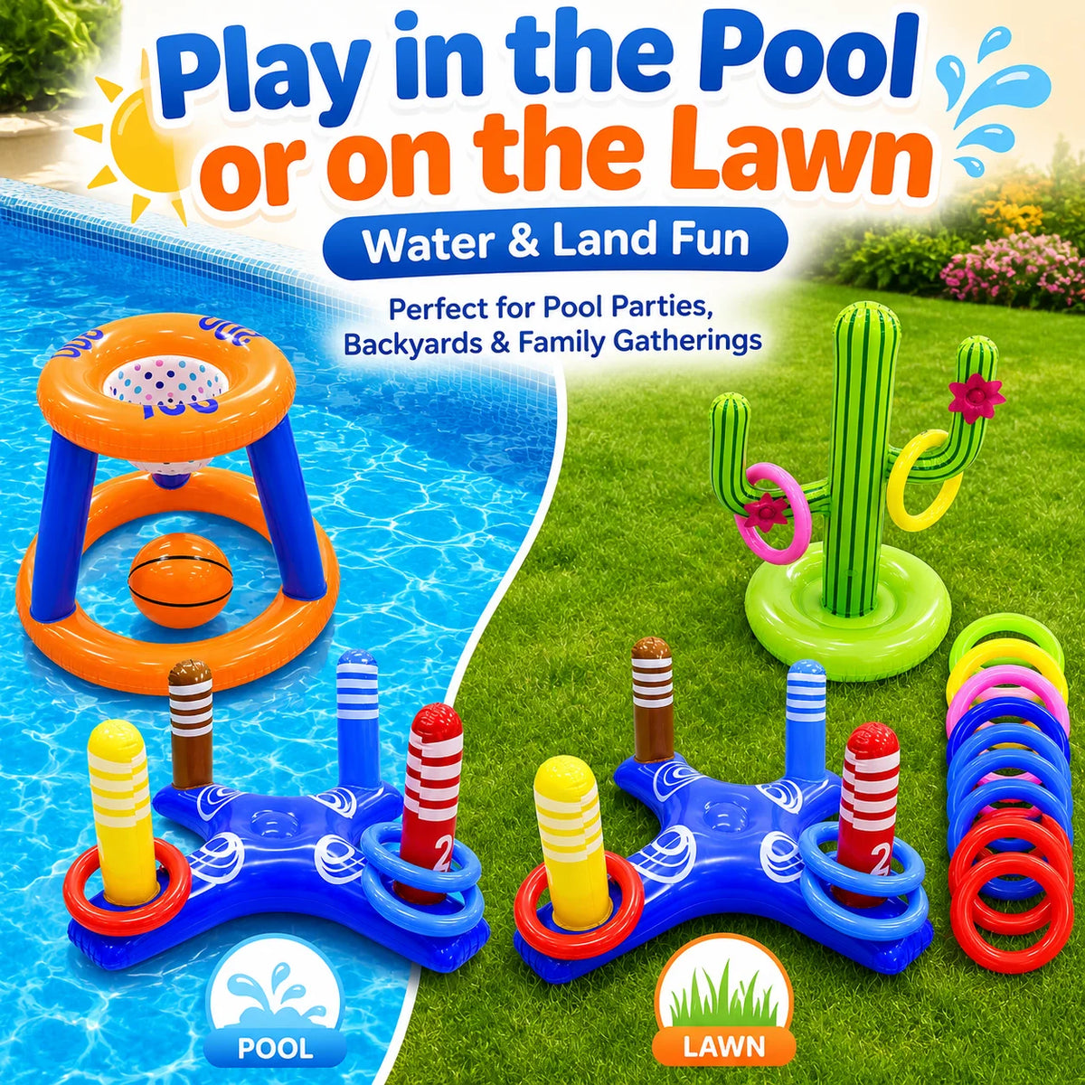Pool Toys Games Set, Floating Basketball Hoop Inflatable Cross Ring Toss Game Toys for Kids Adults, Summer Party Swimming Pool Water Games
