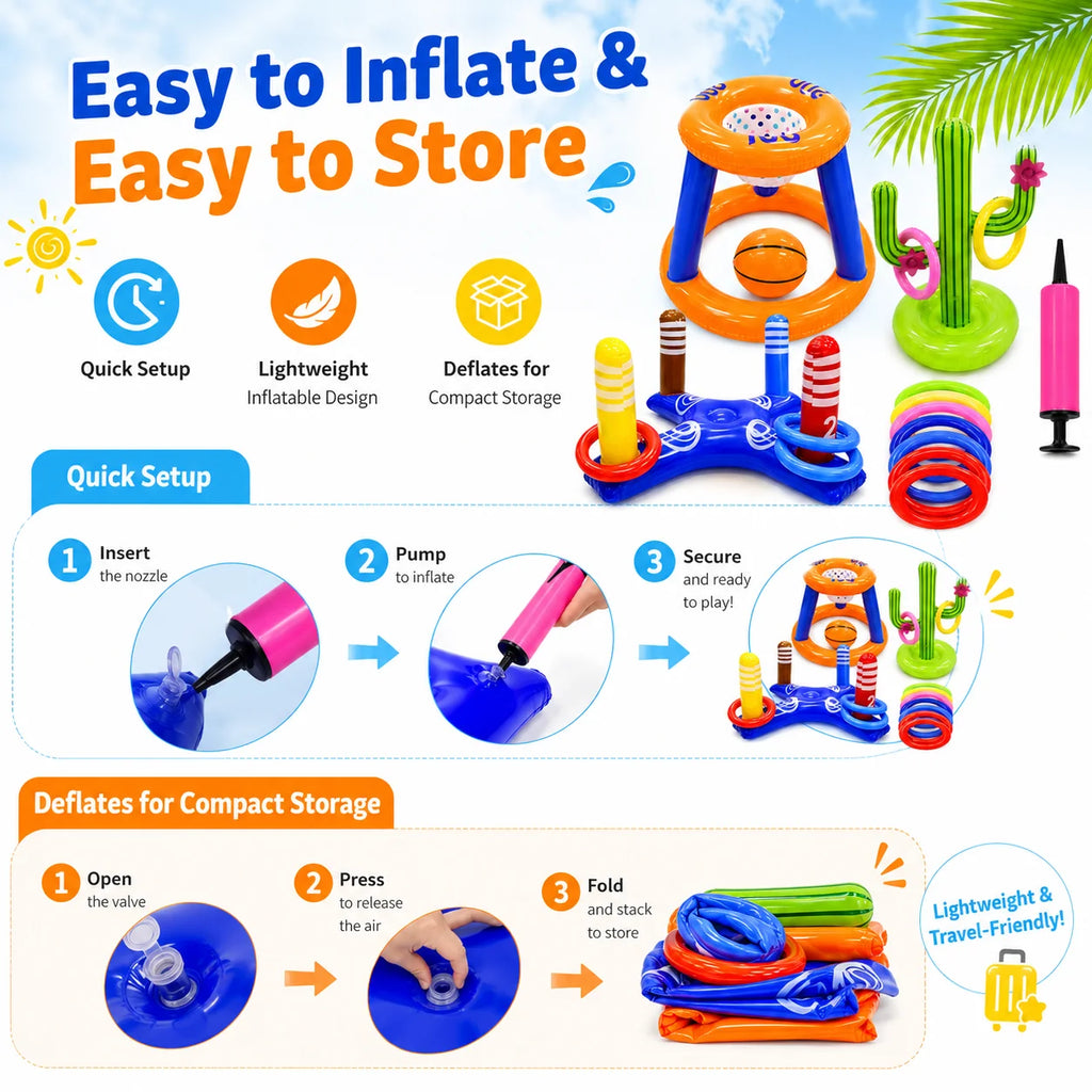 Pool Toys Games Set, Floating Basketball Hoop Inflatable Cross Ring Toss Game Toys for Kids Adults, Summer Party Swimming Pool Water Games
