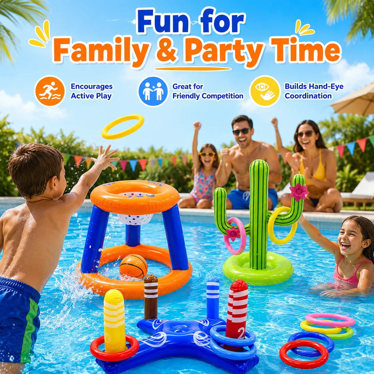 Pool Toys Games Set, Floating Basketball Hoop Inflatable Cross Ring Toss Game Toys for Kids Adults, Summer Party Swimming Pool Water Games