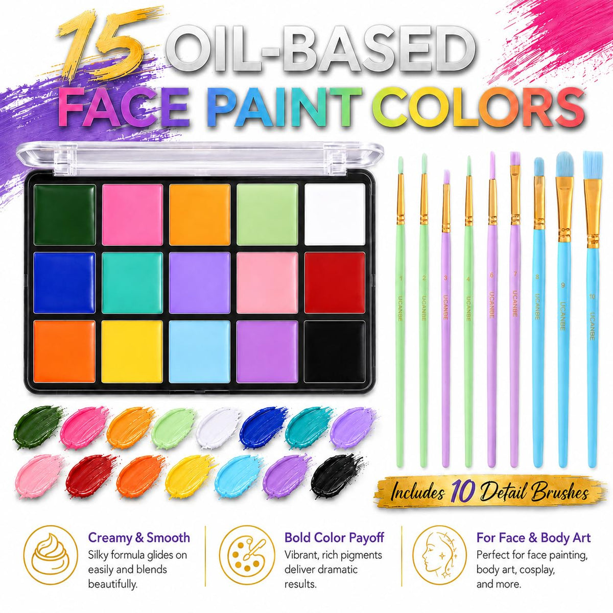 Macaron Face Body Paint Oil Palette + 10 Pcs Brushes Set, Professional 15 Colors Face Painting Makeup Kit for Halloween Cosplay SFX Parties Theater Stage Artist Costume Festival