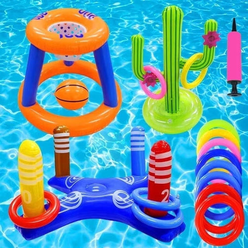 Pool Toys Games Set, Floating Basketball Hoop Inflatable Cross Ring Toss Game Toys for Kids Adults, Summer Party Swimming Pool Water Games