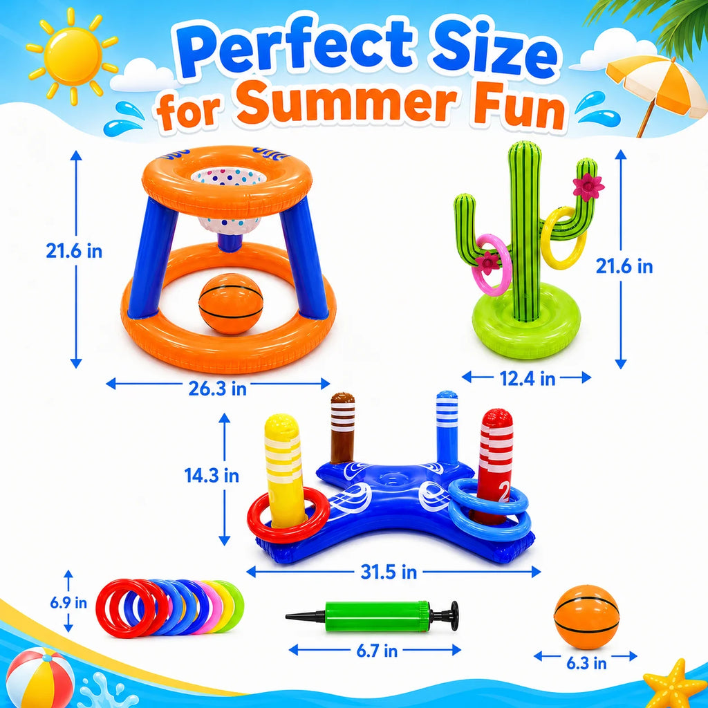 Pool Toys Games Set, Floating Basketball Hoop Inflatable Cross Ring Toss Game Toys for Kids Adults, Summer Party Swimming Pool Water Games