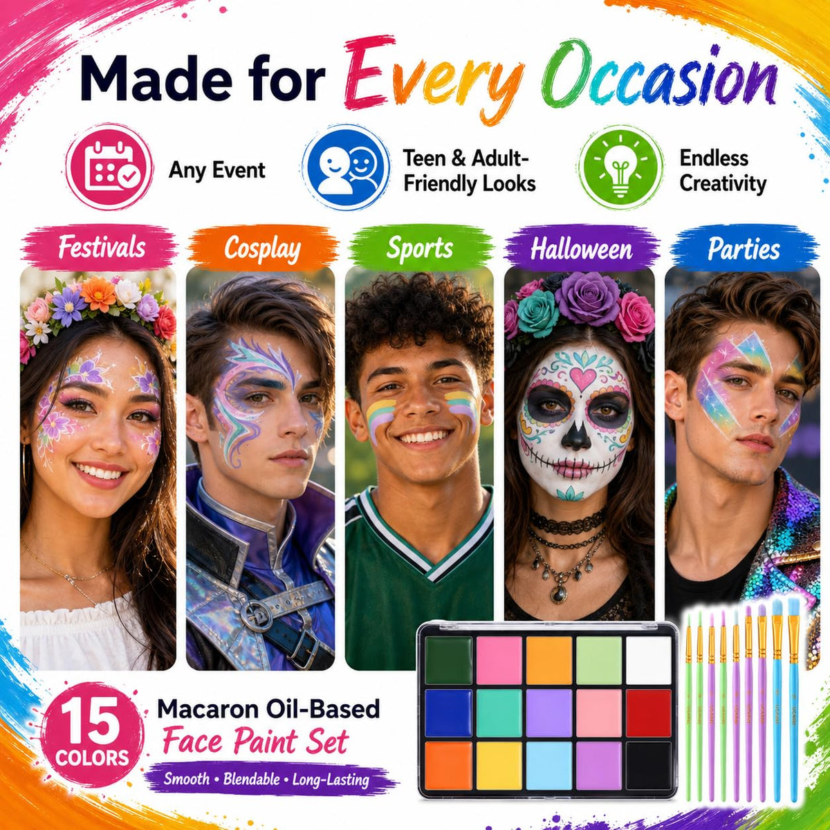 Macaron Face Body Paint Oil Palette + 10 Pcs Brushes Set, Professional 15 Colors Face Painting Makeup Kit for Halloween Cosplay SFX Parties Theater Stage Artist Costume Festival