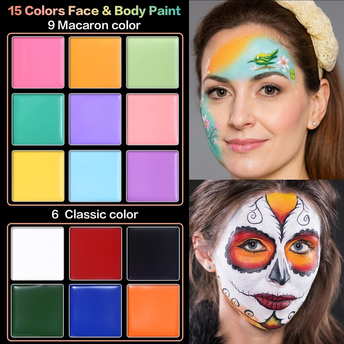 Macaron Face Body Paint Oil Palette + 10 Pcs Brushes Set, Professional 15 Colors Face Painting Makeup Kit for Halloween Cosplay SFX Parties Theater Stage Artist Costume Festival
