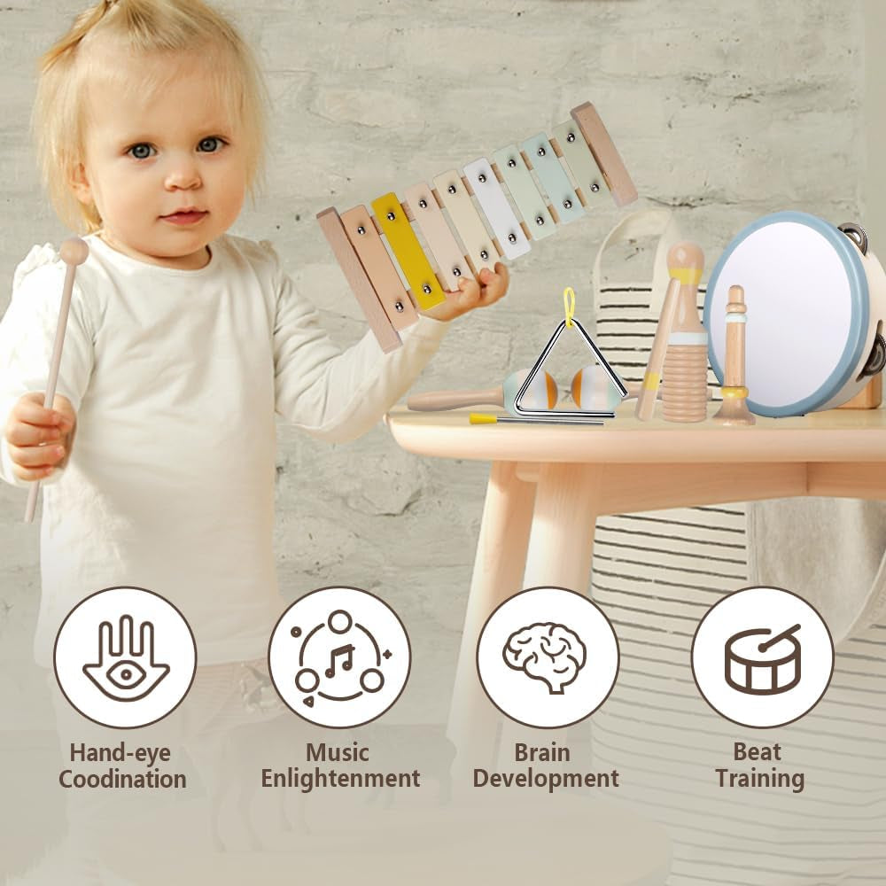 Baby Musical Instruments-Montessori Wooden Toys for Toddlers | Neutral Colors Percussion Instruments Set with Modern Boho Xylophone for Kids Preschool Educational (Neutral)