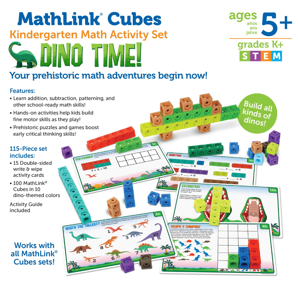 Mathlink Cubes Kindergarten Math Activity Set: Dino Time, Ages 5+