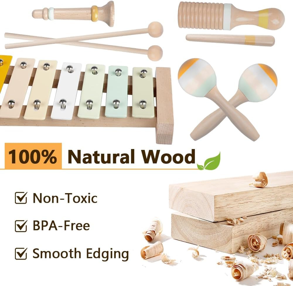 Baby Musical Instruments-Montessori Wooden Toys for Toddlers | Neutral Colors Percussion Instruments Set with Modern Boho Xylophone for Kids Preschool Educational (Neutral)