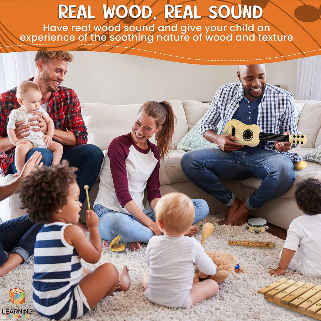 Wooden Musical Instruments for Toddlers, Premium 7-Piece Kids Musical Instruments Set with Guitar, Montessori Educational Music Toys, Natural Wood Preschool Learning Toys for Boys & Girls Ages 3+