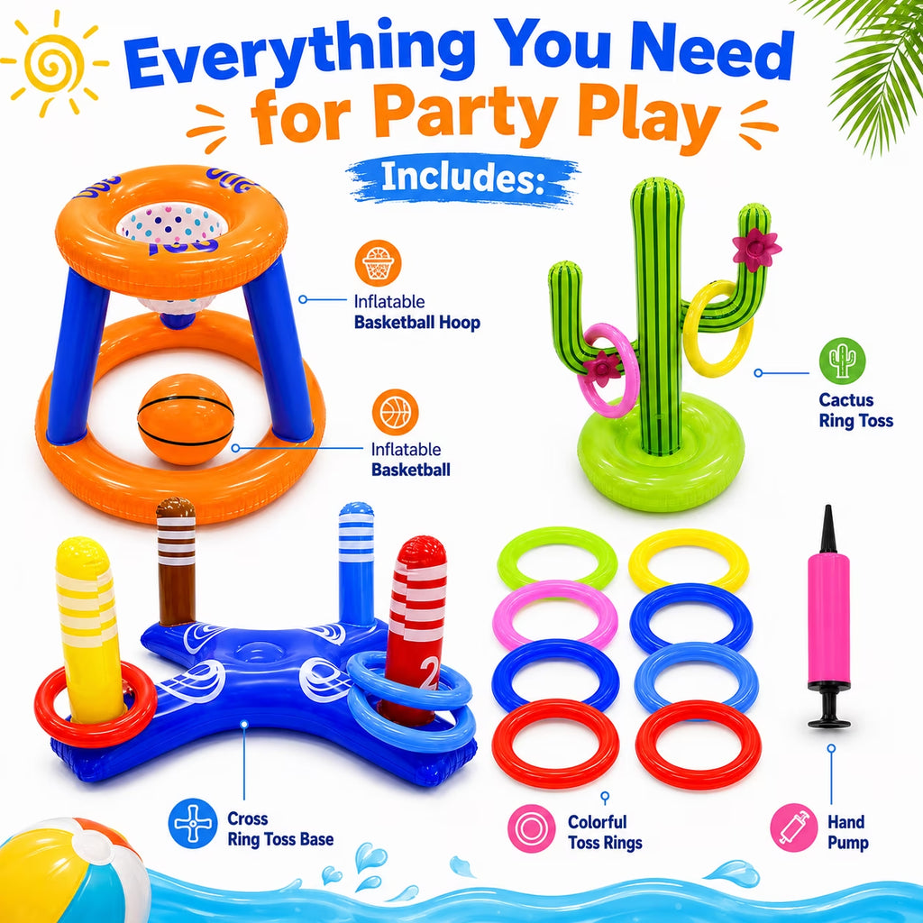 Pool Toys Games Set, Floating Basketball Hoop Inflatable Cross Ring Toss Game Toys for Kids Adults, Summer Party Swimming Pool Water Games