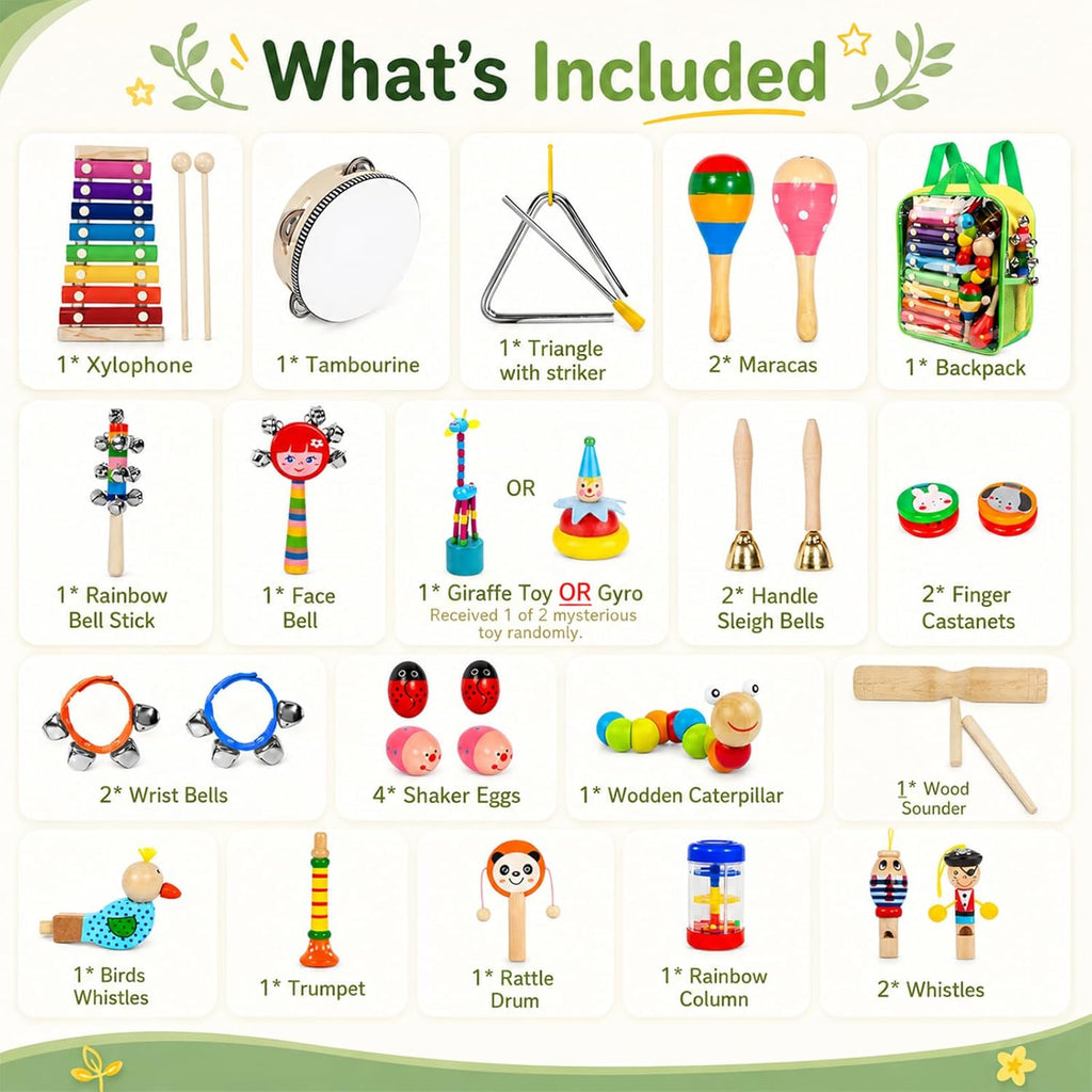 Kids Musical Instruments, 33Pcs 18 Types Wooden Percussion Instruments Tambourine Xylophone Toys for Kids Children, Preschool Education Early Learning Musical Toy for Boys and Girls