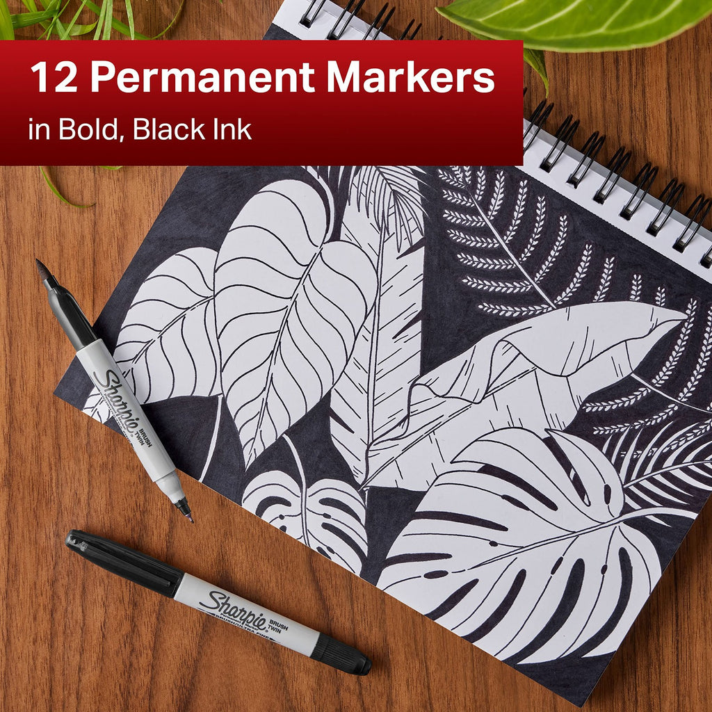 Sharpie Brush Twin Permanent Markers 12 Count Dual Ended Black Markers