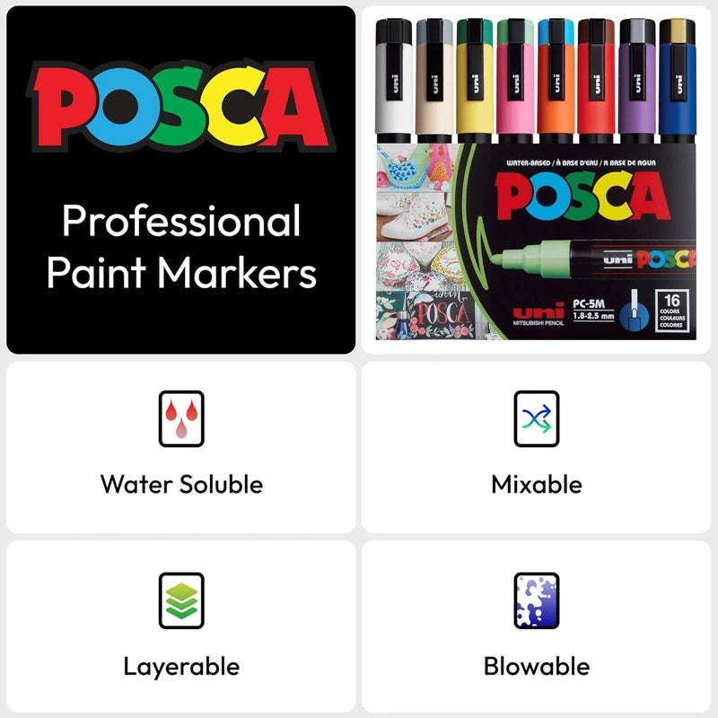 16 Posca Markers 5M, Posca Pens for Art Supplies, School Supplies, Rock Art, Fabric Paint, Fabric Markers, Posca Paint Markers