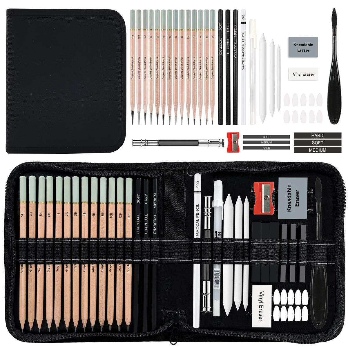 55 Drawing Kit Sketching Pencils Set,Portable Zippered Travel Case-Charcoal Pencils, Sketch Pencils, Charcoal Stick,Sharpener,Er