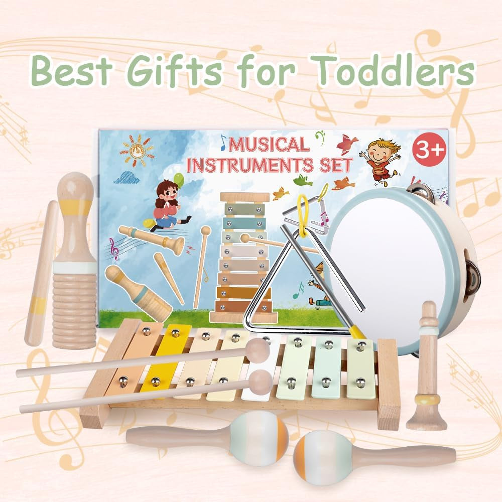 Baby Musical Instruments-Montessori Wooden Toys for Toddlers | Neutral Colors Percussion Instruments Set with Modern Boho Xylophone for Kids Preschool Educational (Neutral)