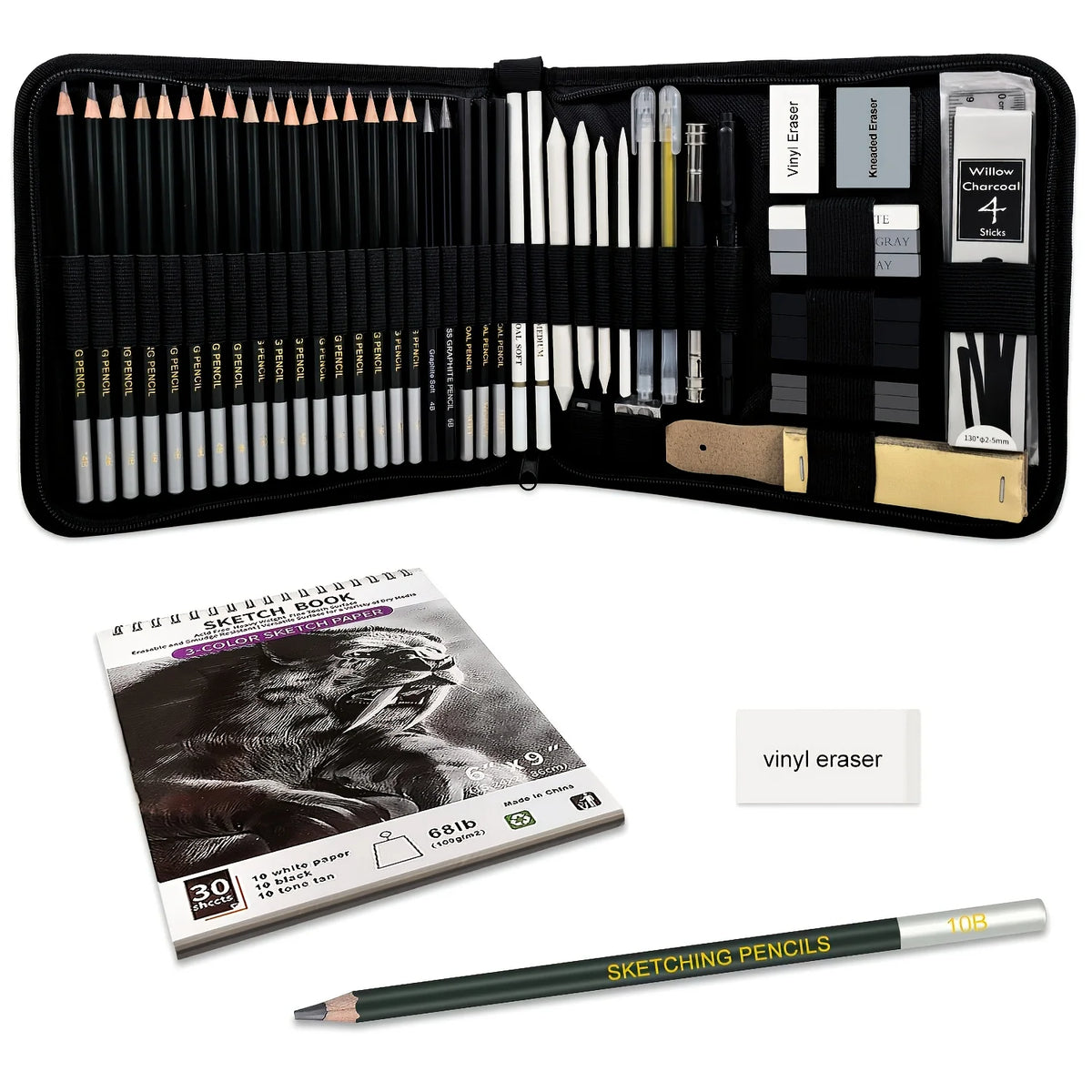 55 Drawing Kit Sketching Pencils Set,Portable Zippered Travel Case-Charcoal Pencils, Sketch Pencils, Charcoal Stick,Sharpener,Er