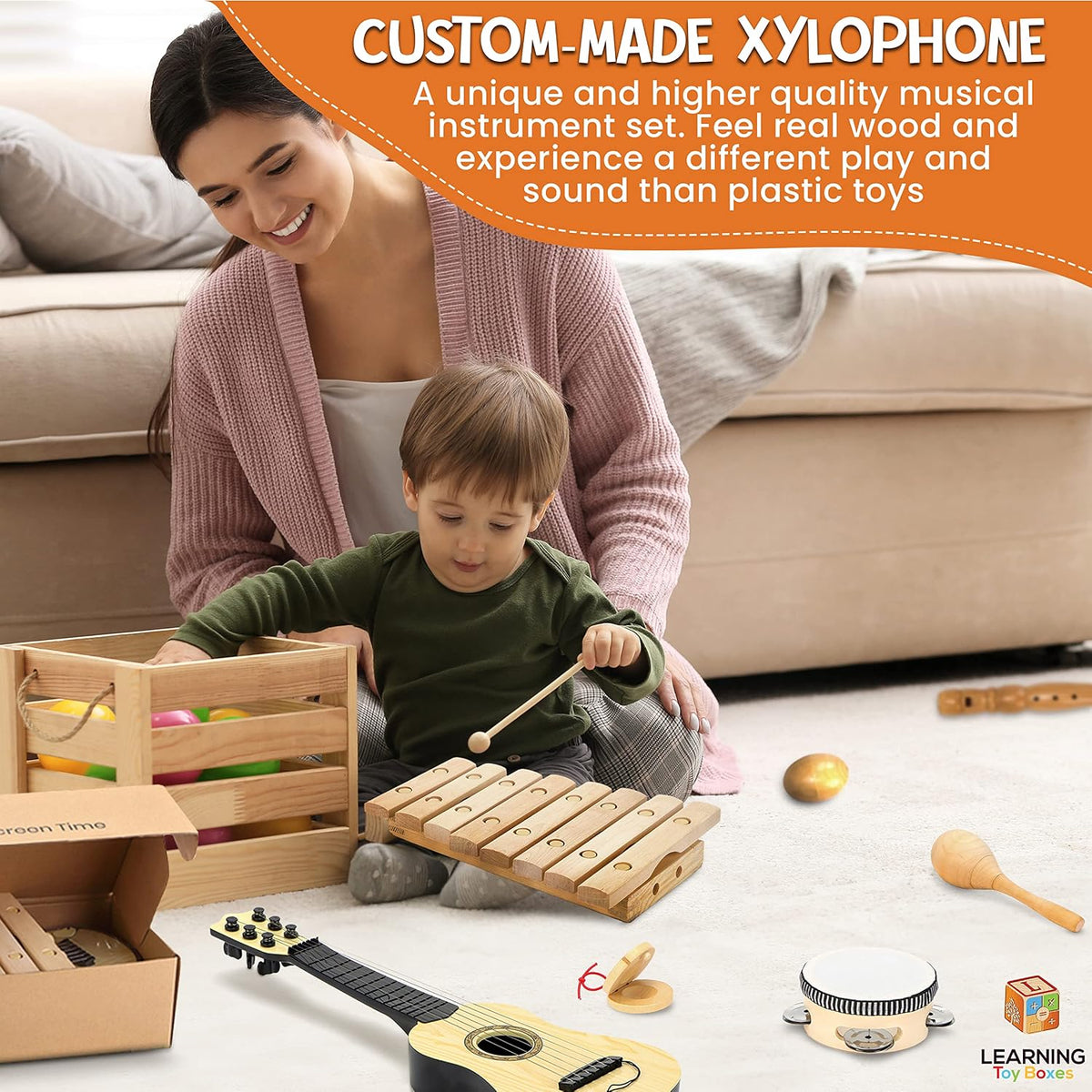 Wooden Musical Instruments for Toddlers, Premium 7-Piece Kids Musical Instruments Set with Guitar, Montessori Educational Music Toys, Natural Wood Preschool Learning Toys for Boys & Girls Ages 3+