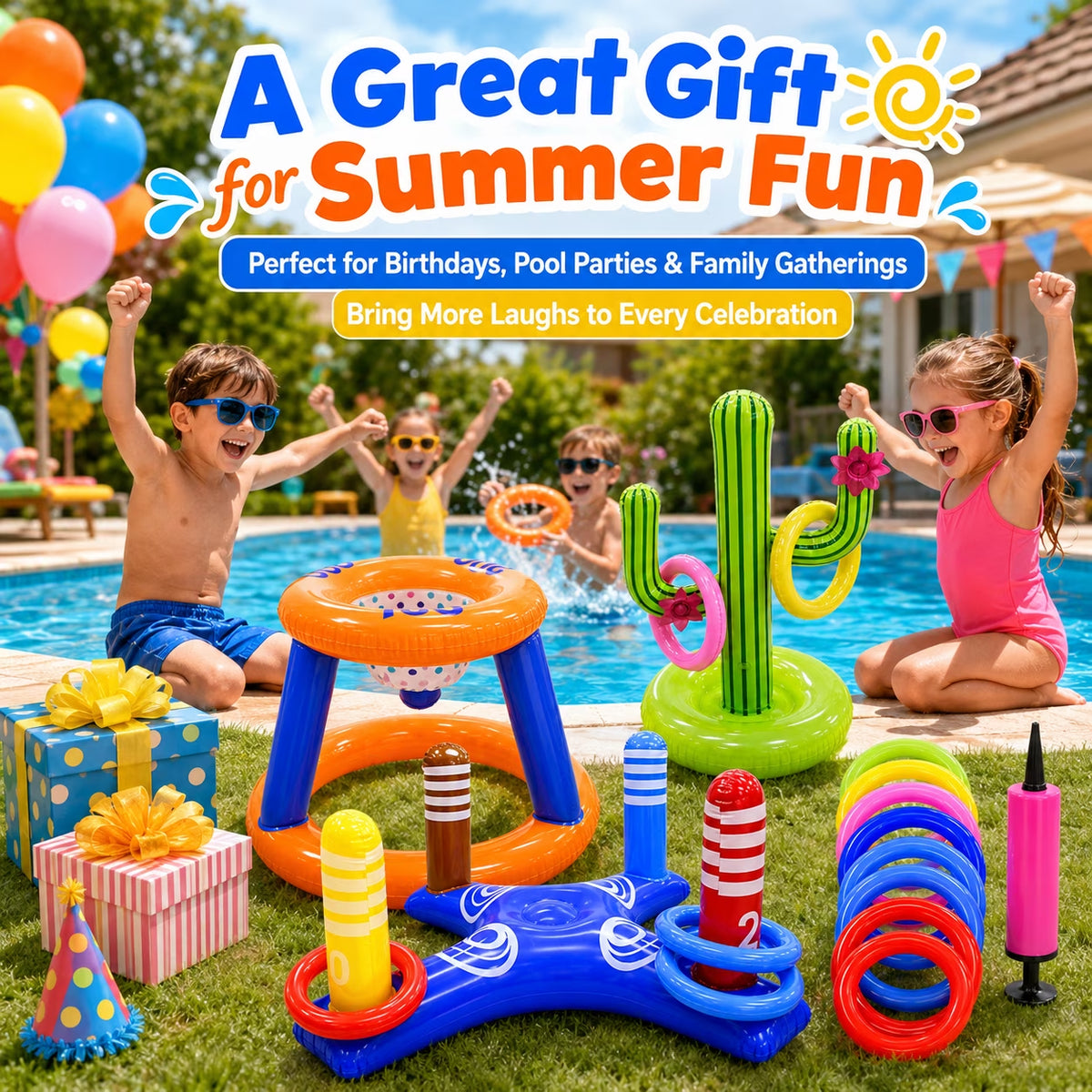 Pool Toys Games Set, Floating Basketball Hoop Inflatable Cross Ring Toss Game Toys for Kids Adults, Summer Party Swimming Pool Water Games