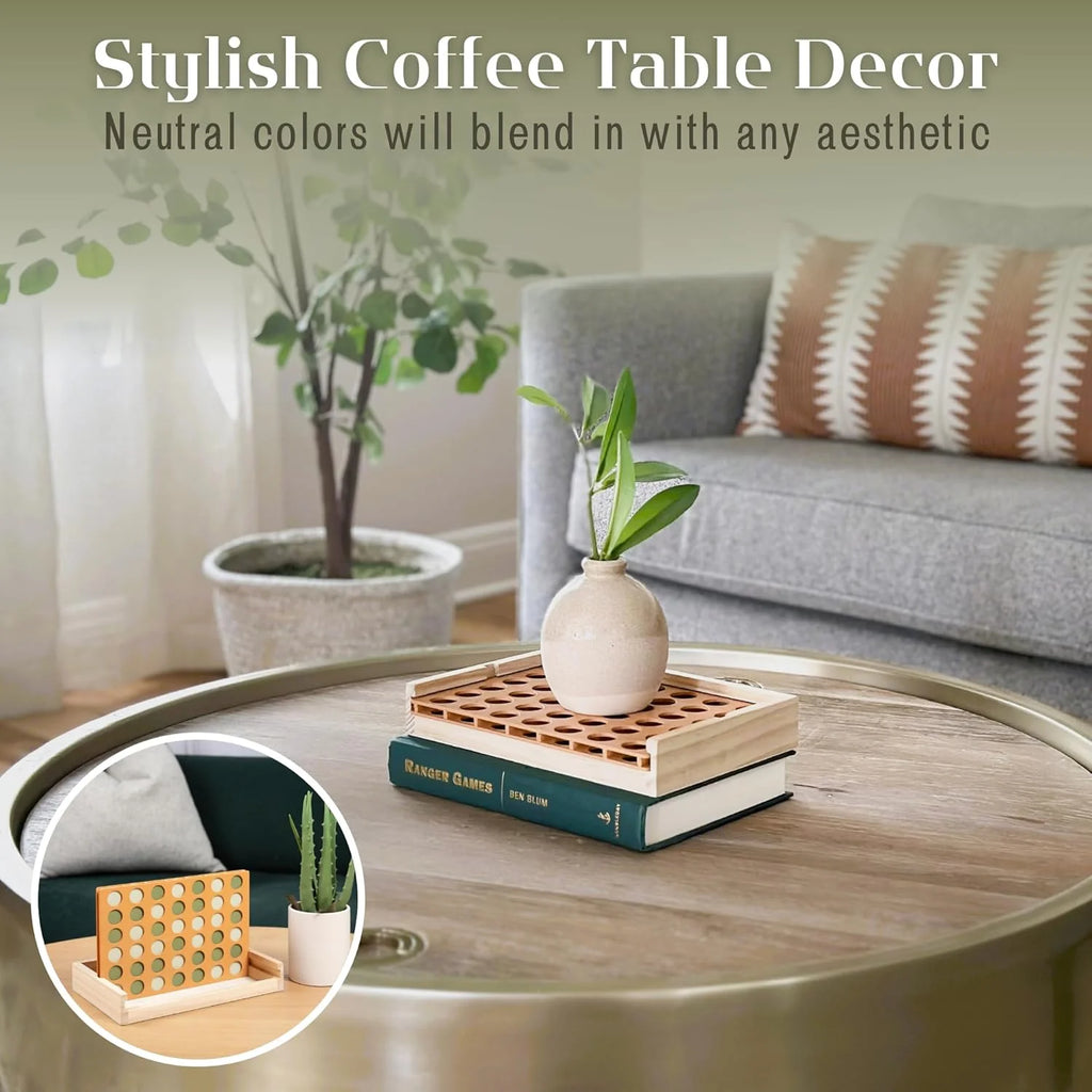 Neutral Wooden Four in a Row Game, Aesthetic Two Player Montessori Travel Board Game for Kids and Adults, Perfect Coffee Table Decor and Housewarming Gift