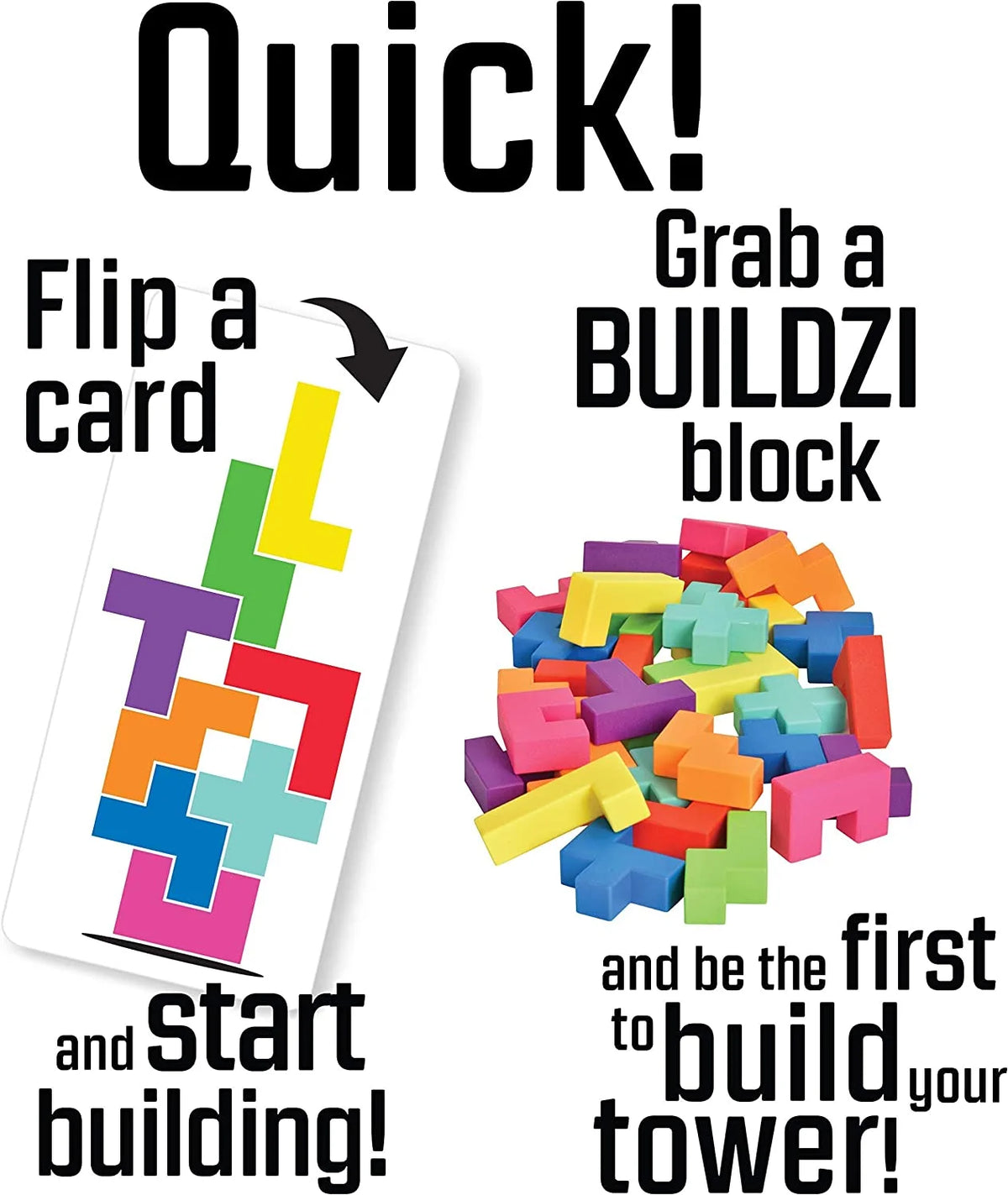 BUILDZI by  - the Fast Stacking Building Block Game for the Whole Family - 2 to 4 Players Ages 6 to 96 - plus Fun Party Games for up to 8 Players