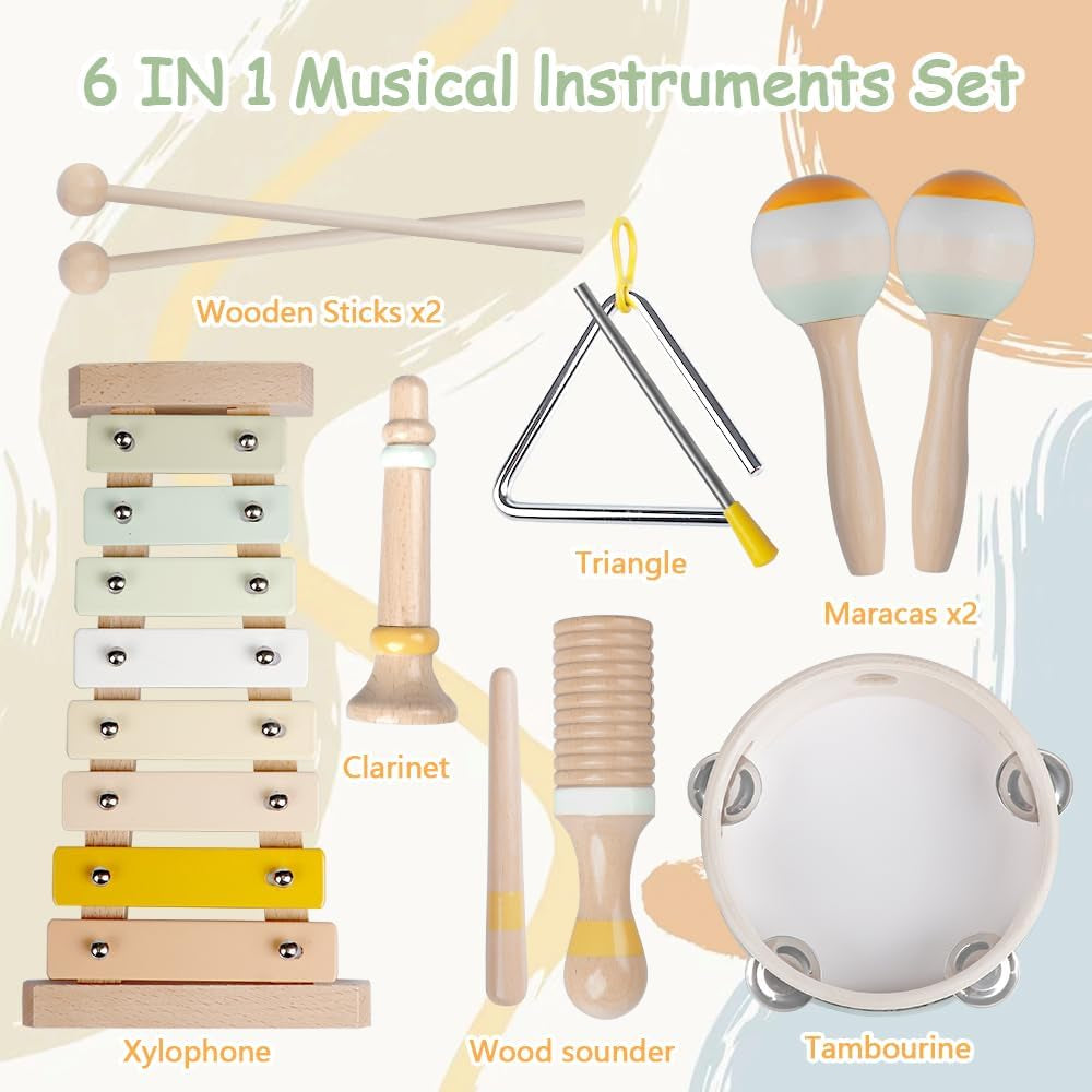 Baby Musical Instruments-Montessori Wooden Toys for Toddlers | Neutral Colors Percussion Instruments Set with Modern Boho Xylophone for Kids Preschool Educational (Neutral)