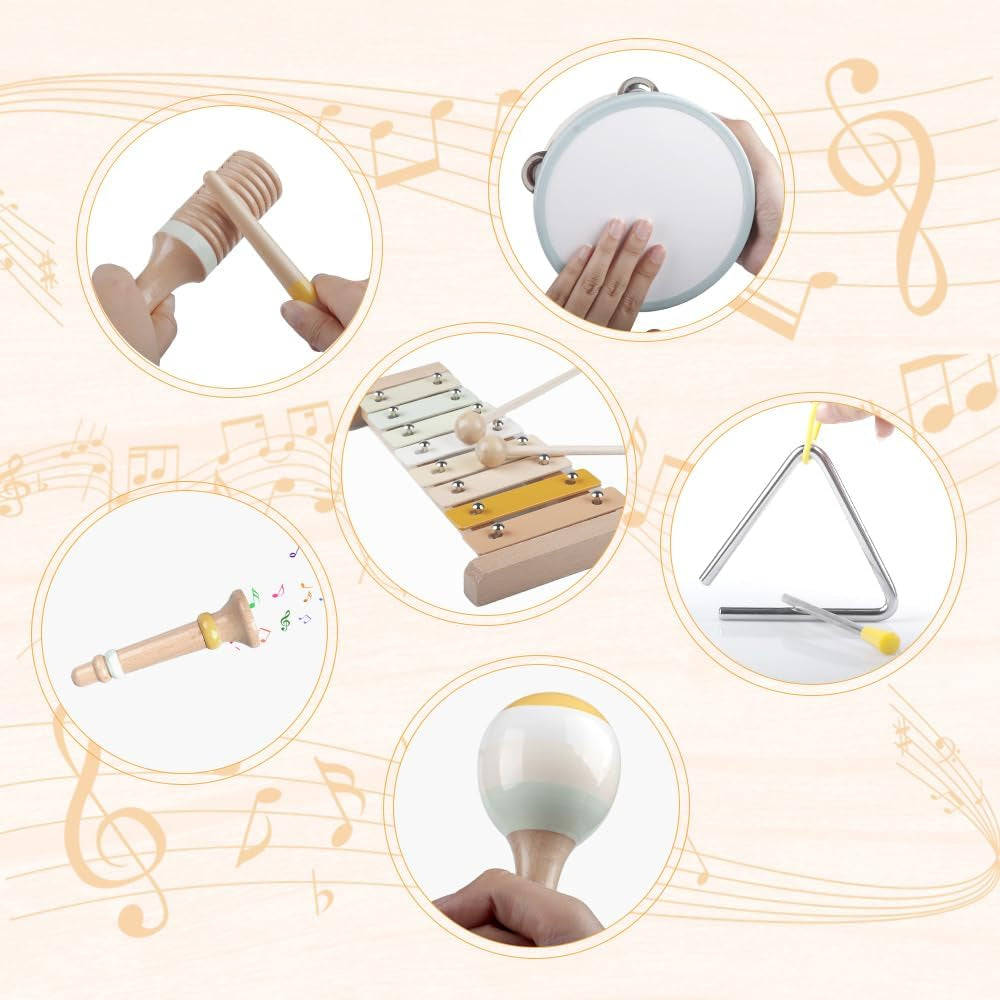 Baby Musical Instruments-Montessori Wooden Toys for Toddlers | Neutral Colors Percussion Instruments Set with Modern Boho Xylophone for Kids Preschool Educational (Neutral)