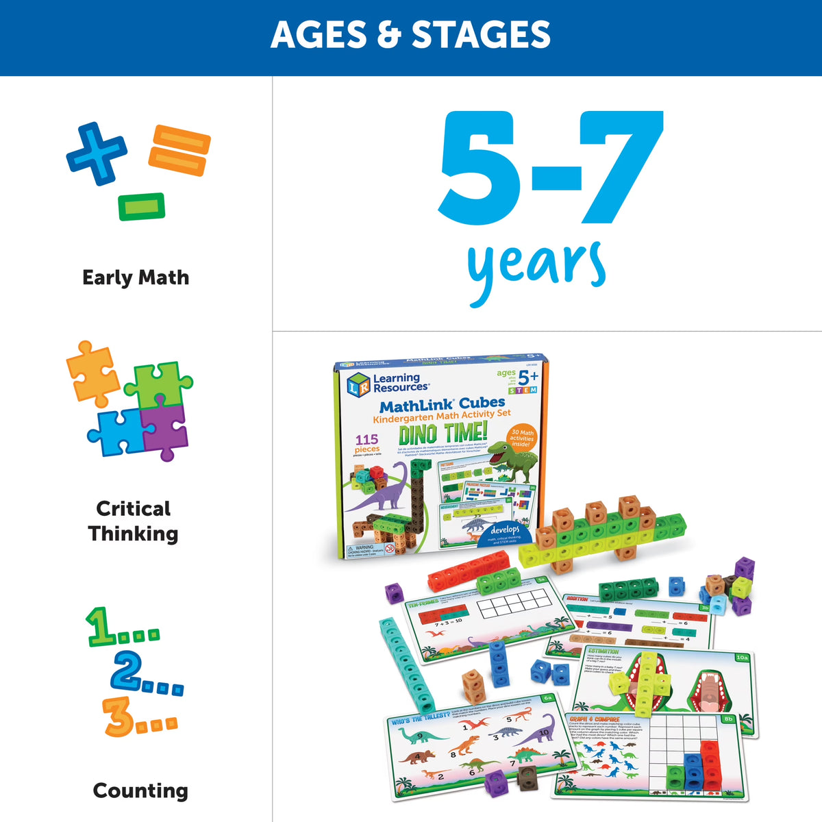 Mathlink Cubes Kindergarten Math Activity Set: Dino Time, Ages 5+