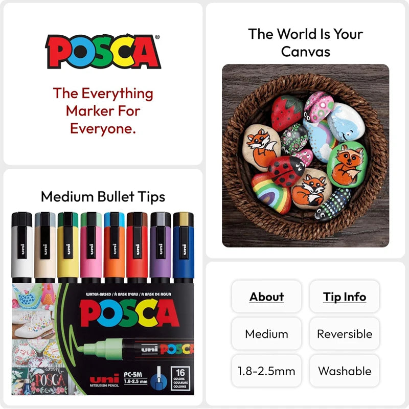 16 Posca Markers 5M, Posca Pens for Art Supplies, School Supplies, Rock Art, Fabric Paint, Fabric Markers, Posca Paint Markers