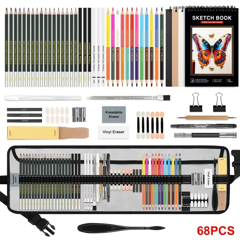 55 Drawing Kit Sketching Pencils Set,Portable Zippered Travel Case-Charcoal Pencils, Sketch Pencils, Charcoal Stick,Sharpener,Er