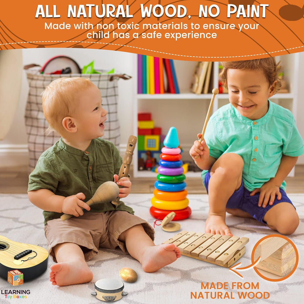 Wooden Musical Instruments for Toddlers, Premium 7-Piece Kids Musical Instruments Set with Guitar, Montessori Educational Music Toys, Natural Wood Preschool Learning Toys for Boys & Girls Ages 3+