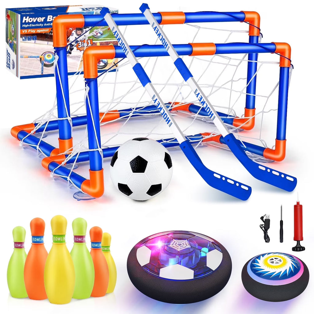 Hover Soccer Ball Set, 3-In-1 LED Soccer Hockey Bowling Set Indoor/Outdoor Toys, Gifts for 3 4 5 6 7 8+ Years Boy Girl