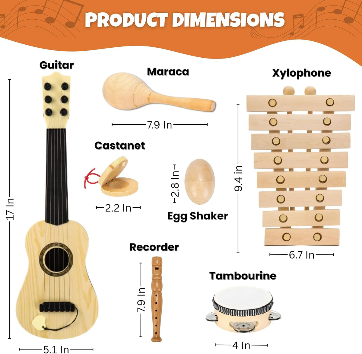 Wooden Musical Instruments for Toddlers, Premium 7-Piece Kids Musical Instruments Set with Guitar, Montessori Educational Music Toys, Natural Wood Preschool Learning Toys for Boys & Girls Ages 3+