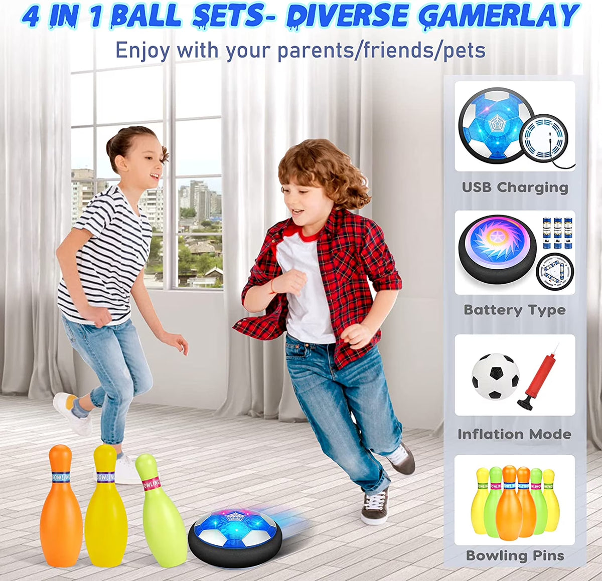 Hover Soccer Ball Set, 3-In-1 LED Soccer Hockey Bowling Set Indoor/Outdoor Toys, Gifts for 3 4 5 6 7 8+ Years Boy Girl