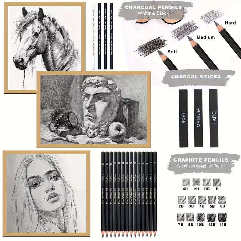 55 Drawing Kit Sketching Pencils Set,Portable Zippered Travel Case-Charcoal Pencils, Sketch Pencils, Charcoal Stick,Sharpener,Er