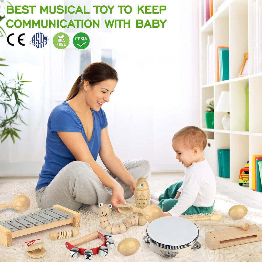 Kids Musical Instruments,100% Natural Wooden Music Percussion Toy Sets, 23 Pcs Tambourine Xylophone Toys for Kids, Girls Boys Preschool Education Early Learning Musical Toys with Bags